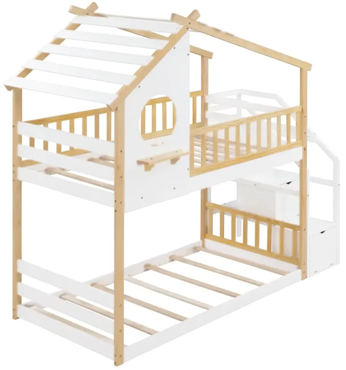 Stairway Twin-Over-Twin Bunk Bed, House Bed, Storage And Guard Rail, Natural Bed + Stair