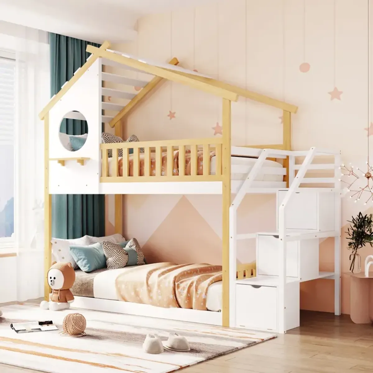 Stairway Twin-Over-Twin Bunk Bed, House Bed, Storage And Guard Rail, Natural Bed + Stair