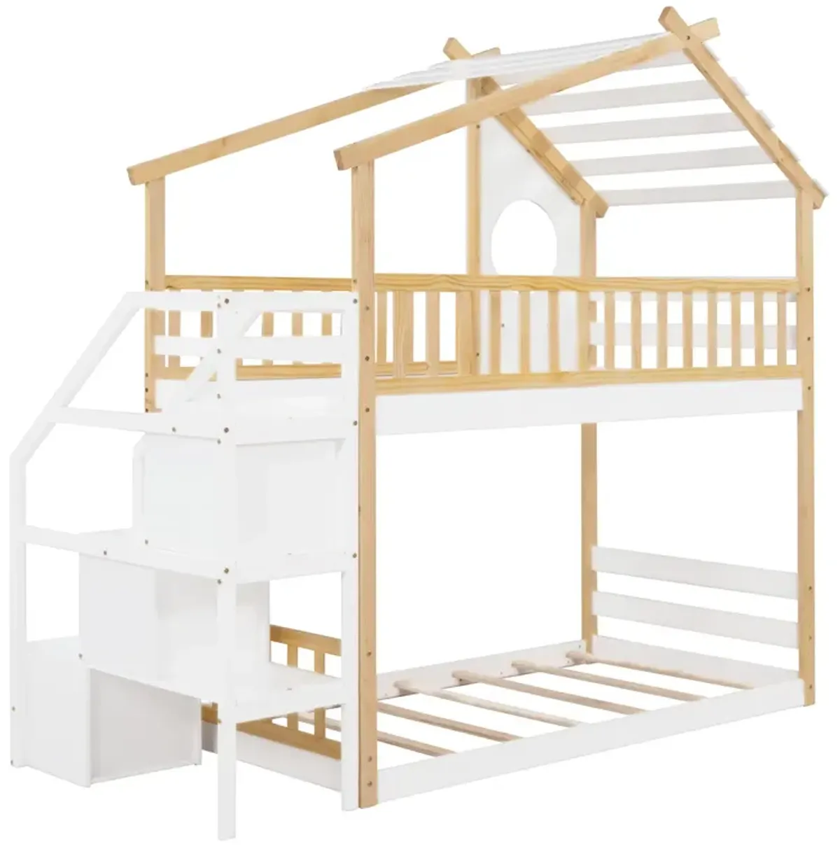 Stairway Twin-Over-Twin Bunk Bed, House Bed, Storage And Guard Rail, Natural Bed + Stair