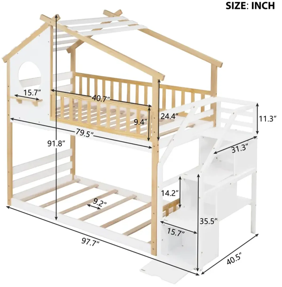 Stairway Twin-Over-Twin Bunk Bed, House Bed, Storage And Guard Rail, Natural Bed + Stair