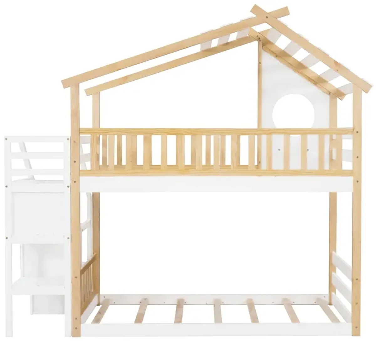 Stairway Twin-Over-Twin Bunk Bed, House Bed, Storage And Guard Rail, Natural Bed + Stair