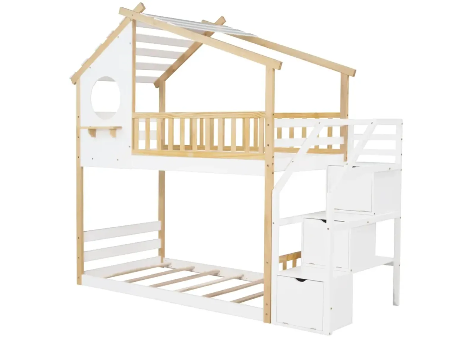 Stairway Twin-Over-Twin Bunk Bed, House Bed, Storage And Guard Rail, Natural Bed + Stair