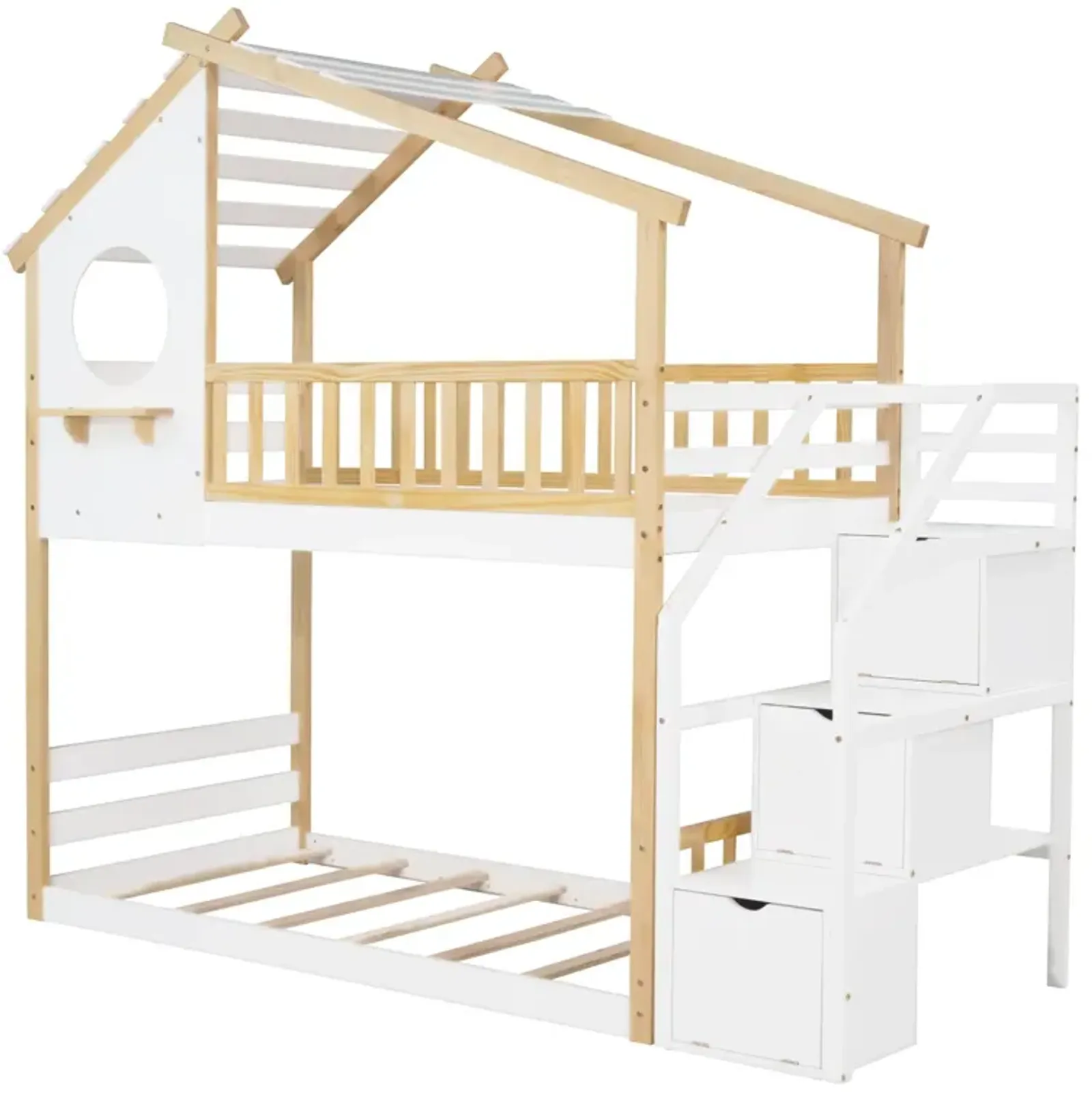 Stairway Twin-Over-Twin Bunk Bed, House Bed, Storage And Guard Rail, Natural Bed + Stair