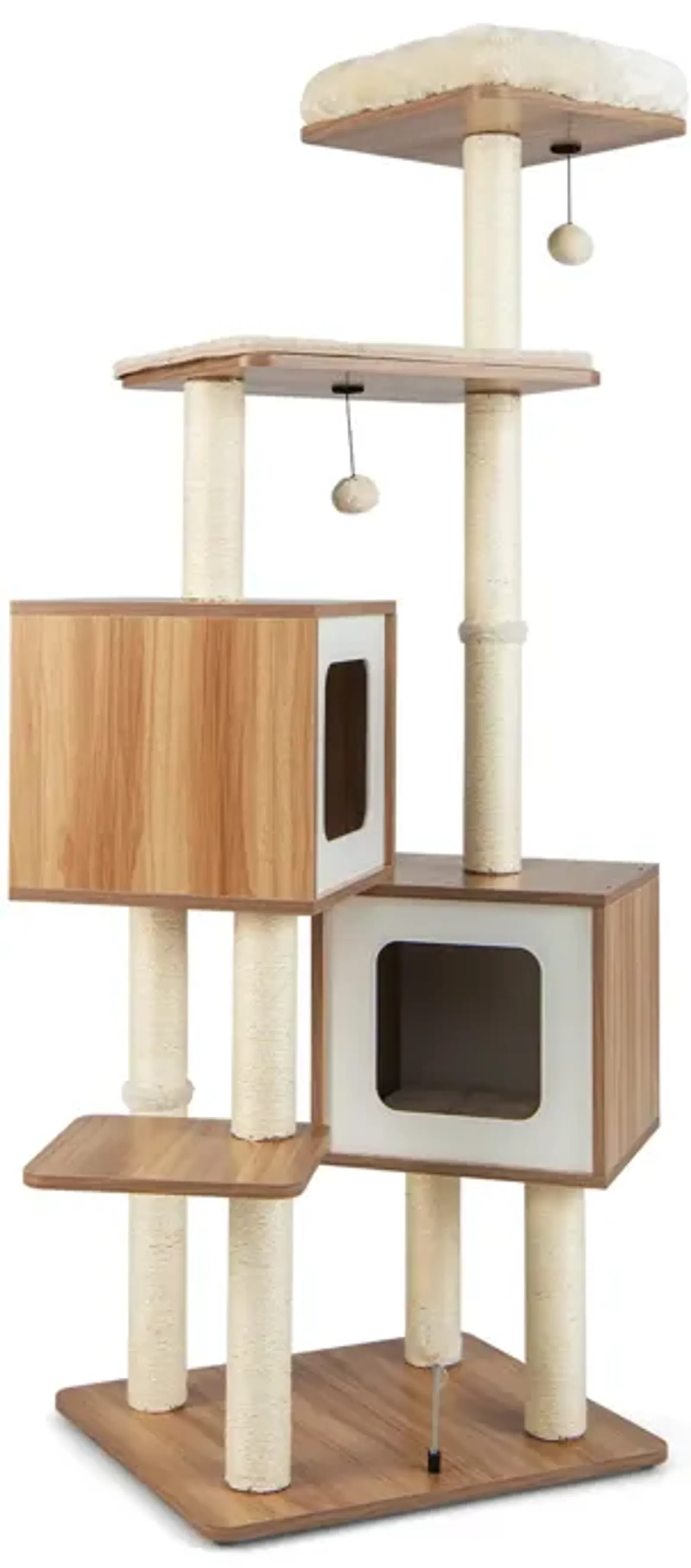 Modern Wooden Cat Tree with Perch Condos and Washable Cushions-Natural