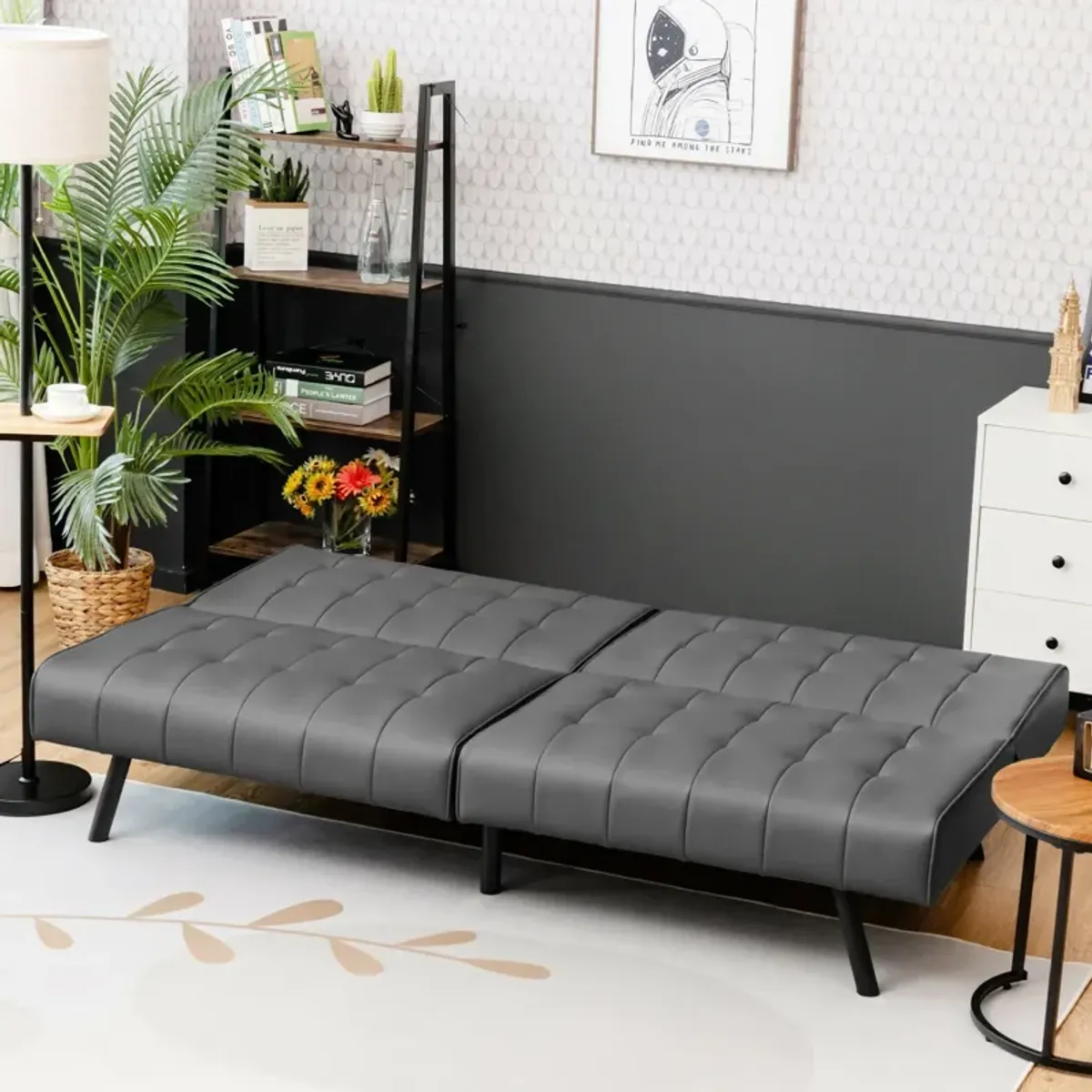 Futon Sofa Bed PU Leather Convertible Folding Couch Sleeper Lounge-Gray