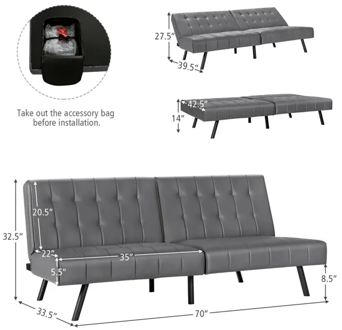 Futon Sofa Bed PU Leather Convertible Folding Couch Sleeper Lounge-Gray