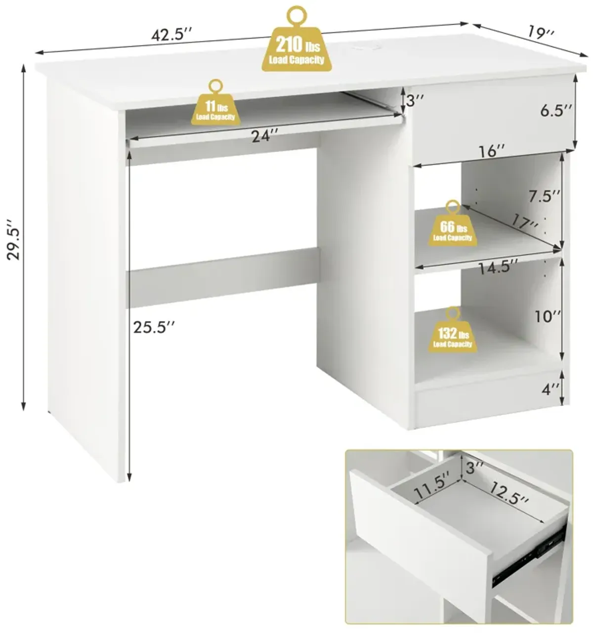 Wooden Computer Desk with CPU Stand-White