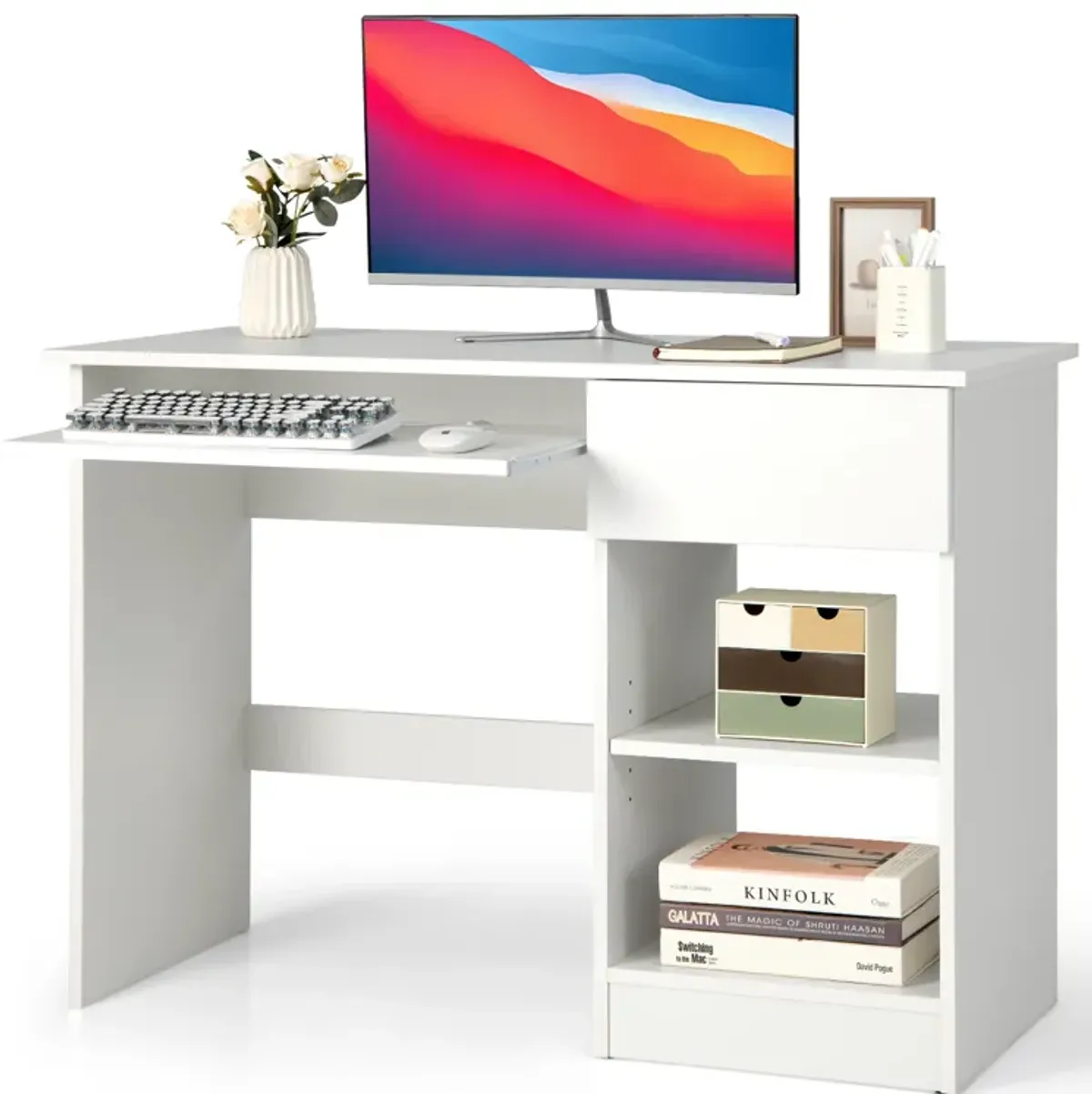 Wooden Computer Desk with CPU Stand-White