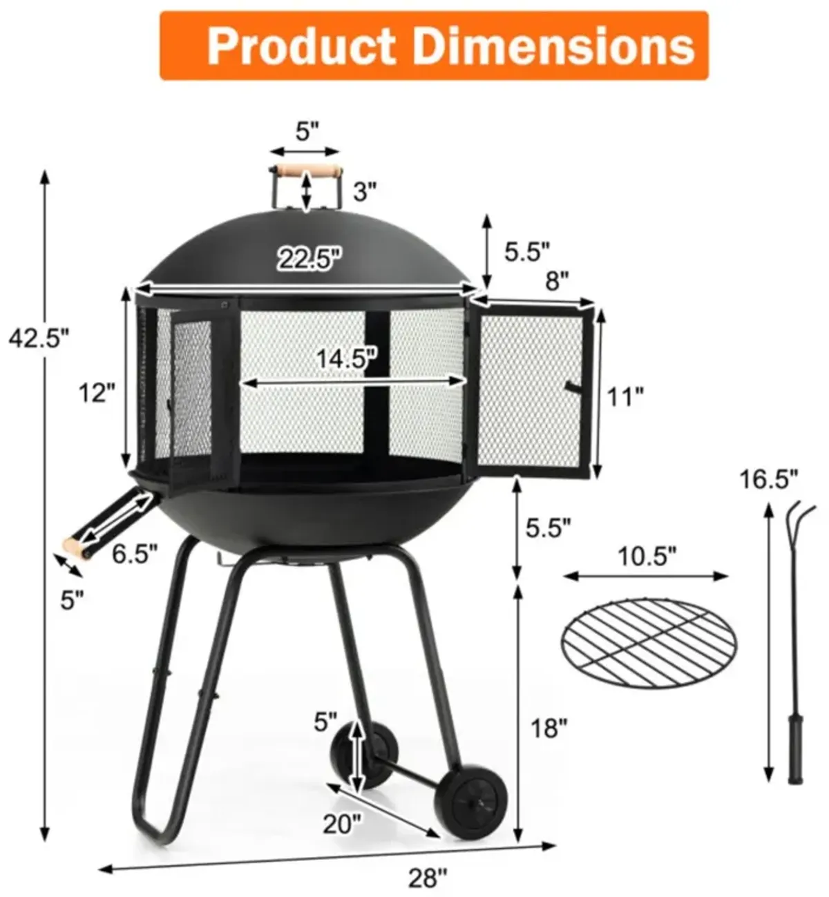 Hivvago 28 Inch Portable Fire Pit on Wheels with Log Grate-Black