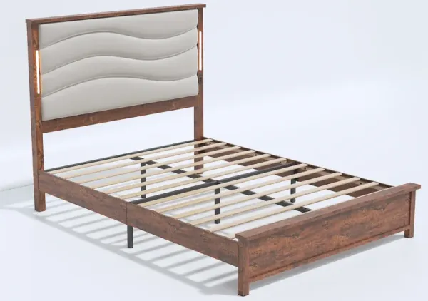 Bed Frame with Upholstered Headboard, Bed Frame with Charging Station and LED Lights, Wood Slats, Beige Linen, No Box Spring Needed, Easy Assembly