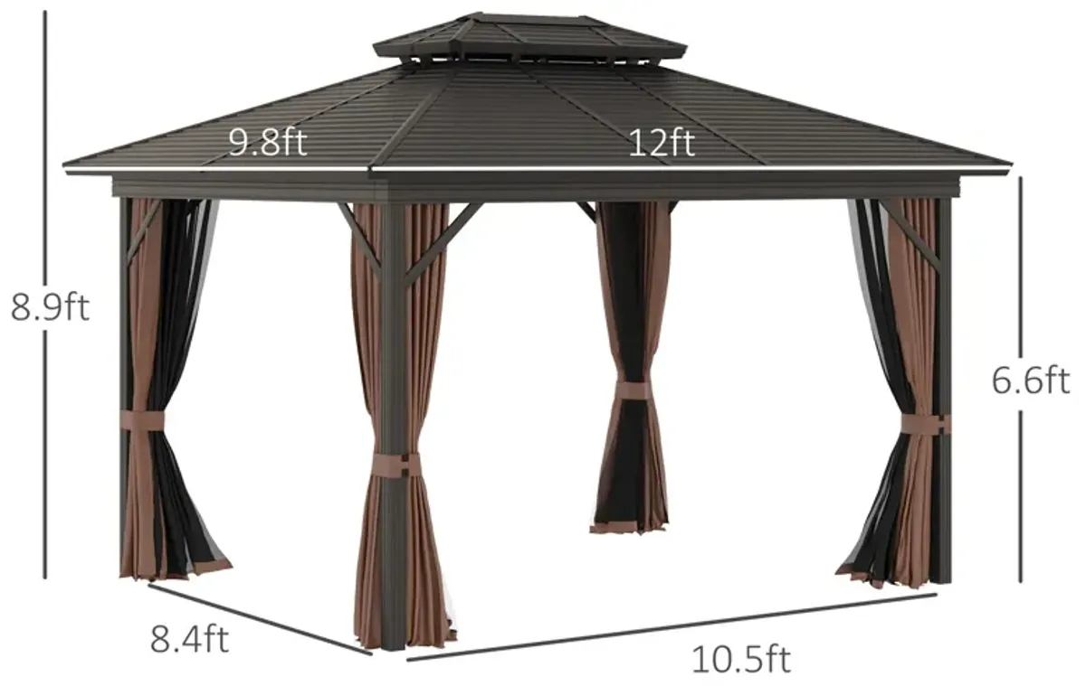 Brown Backyard Shelter: 10x12 Hardtop Gazebo with Curtains