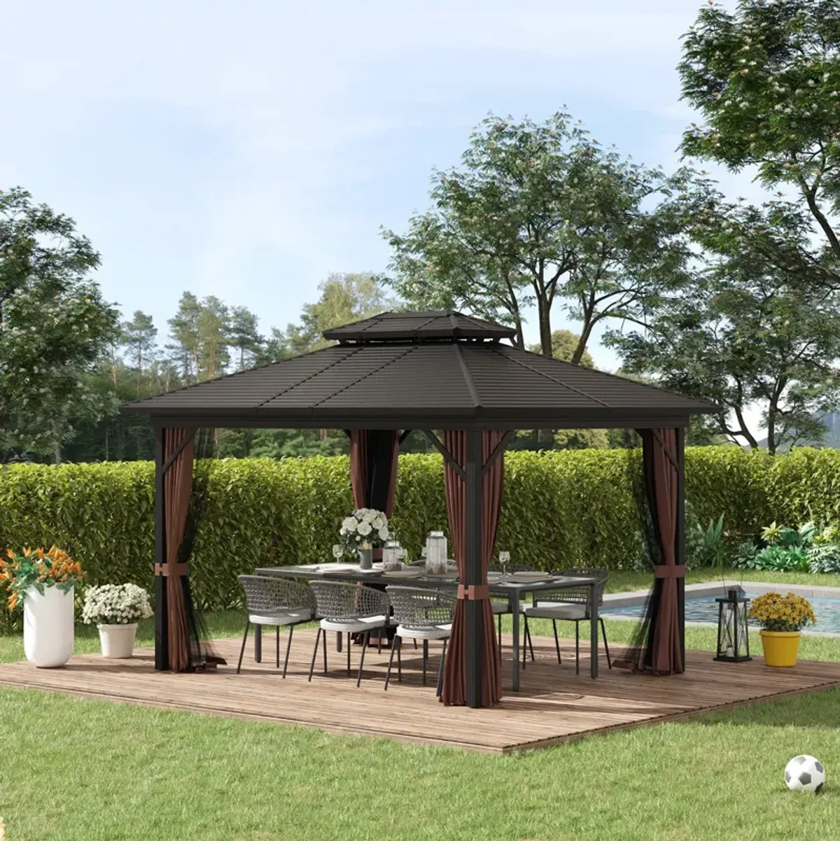 Brown Backyard Shelter: 10x12 Hardtop Gazebo with Curtains