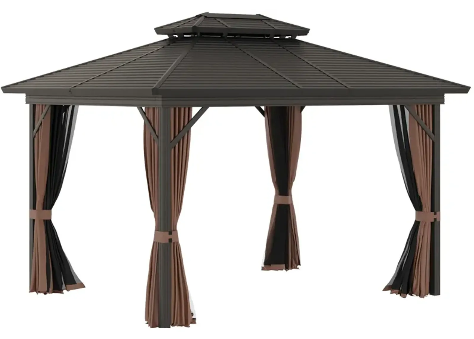 Brown Backyard Shelter: 10x12 Hardtop Gazebo with Curtains