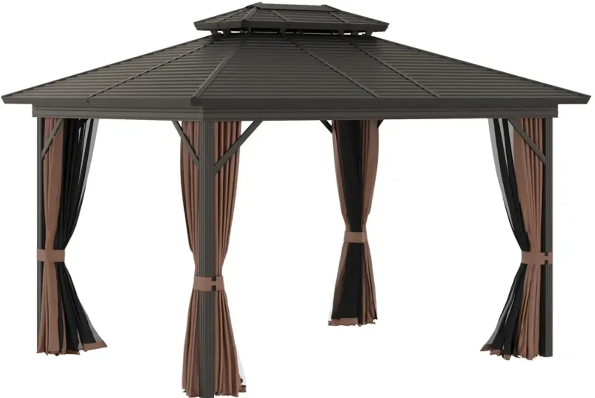 Brown Backyard Shelter: 10x12 Hardtop Gazebo with Curtains