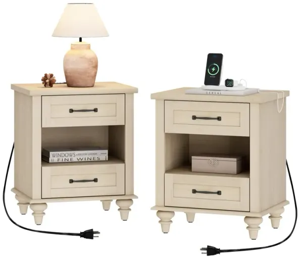 WAMPAT Set of 2 End Tables with Charging Station, Rustic Nightstand for Bedroom with 2 Drawers & Open Shelf, 2 Pack Wooden End T