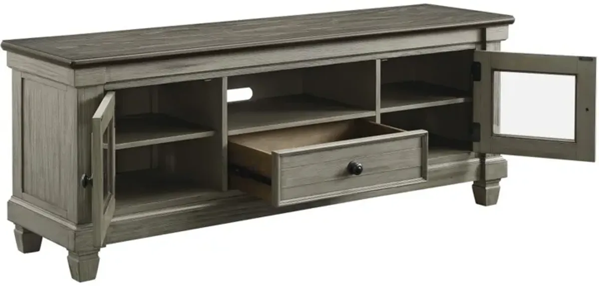 Rome 64 Inch TV Media Entertainment Console, Brown and Gray, Solid Wood - Benzara