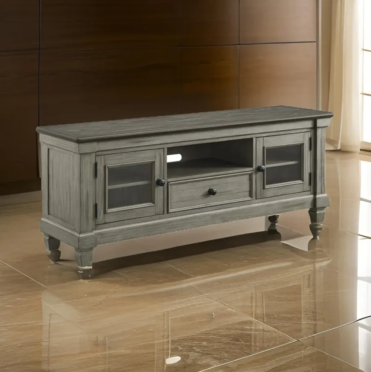 Rome 64 Inch TV Media Entertainment Console, Brown and Gray, Solid Wood - Benzara