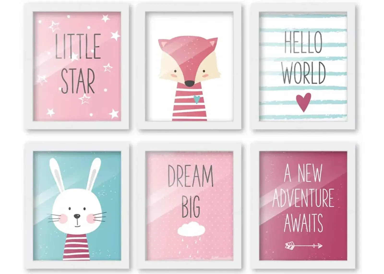 8x10 Framed Nursery Wall Art Set of 6 Hand Drawn Adventure Girl Prints in White Wood Frames