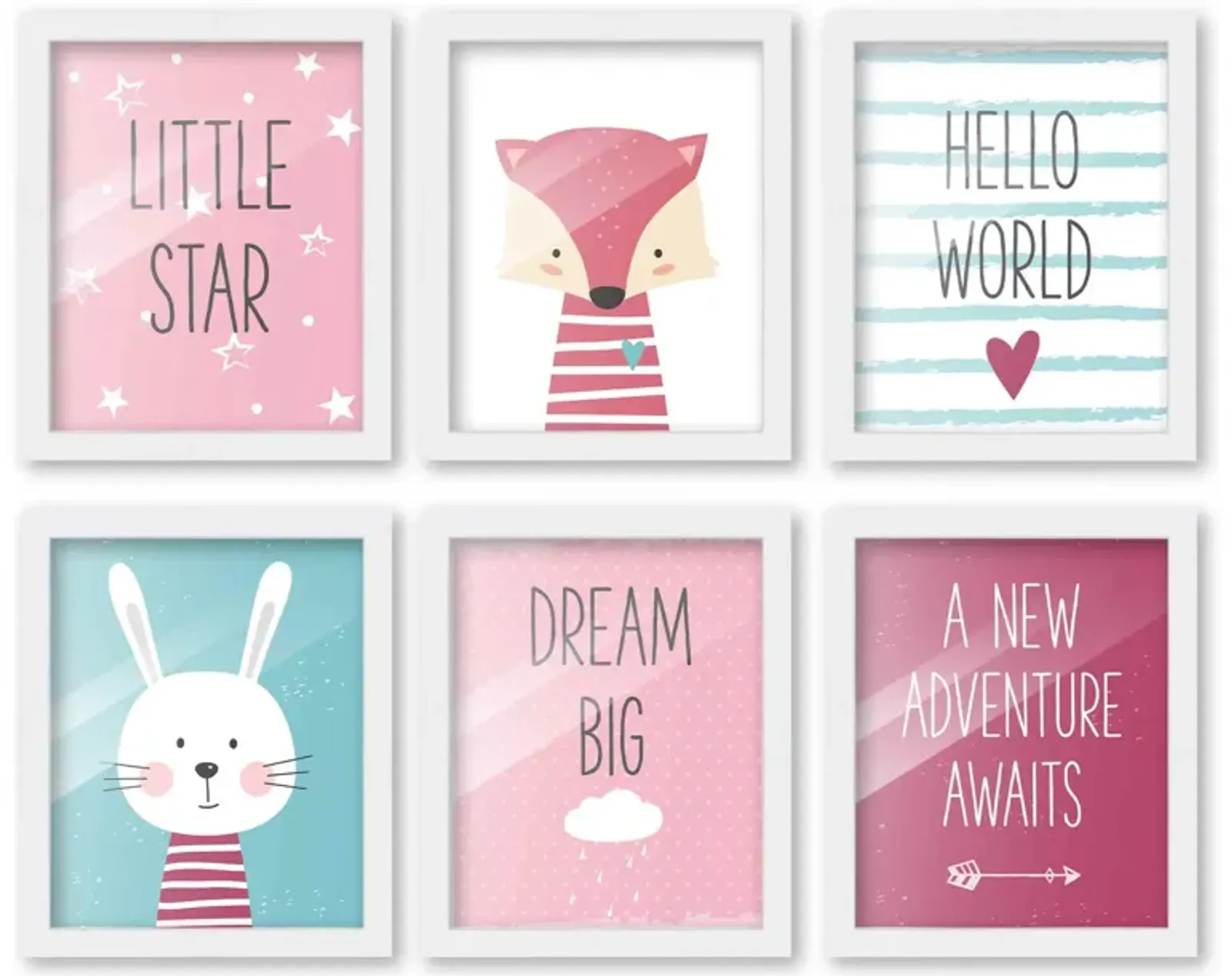 8x10 Framed Nursery Wall Art Set of 6 Hand Drawn Adventure Girl Prints in White Wood Frames