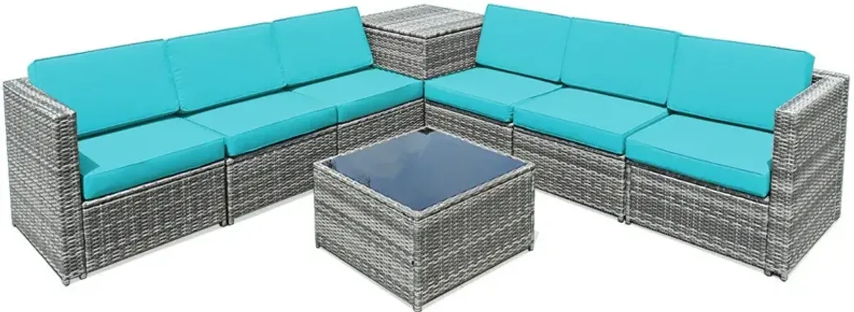 8 Piece Wicker Sofa Rattan Dinning Set Patio Furniture with Storage Table