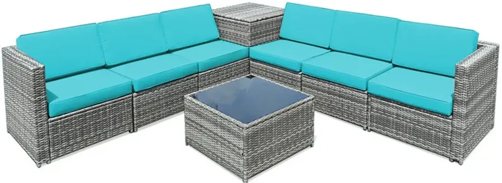 8 Piece Wicker Sofa Rattan Dinning Set Patio Furniture with Storage Table