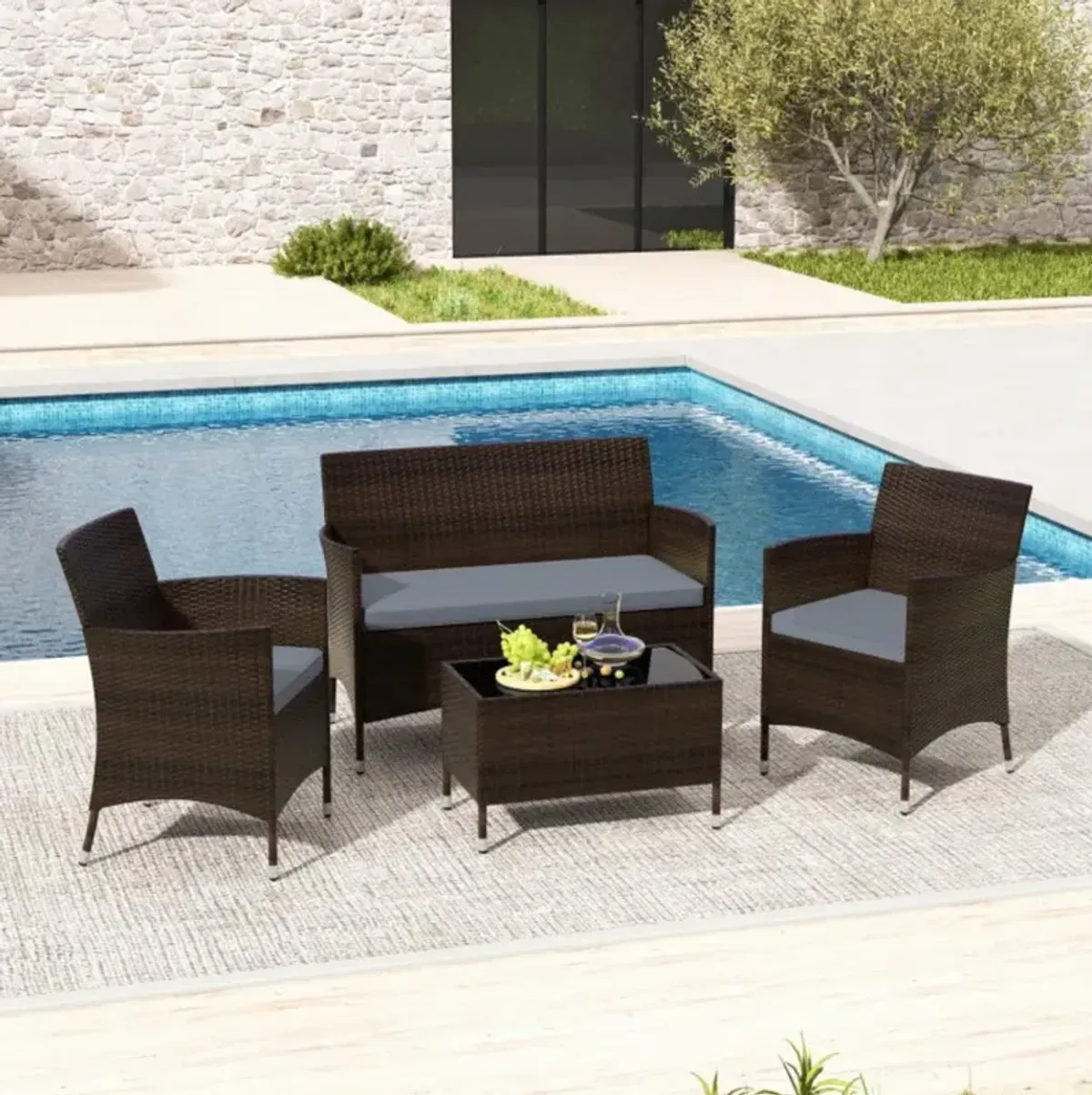 Hivvago 4 Pieces Comfortable Mix Brown Outdoor Rattan Sofa Set with Glass Coffee Table