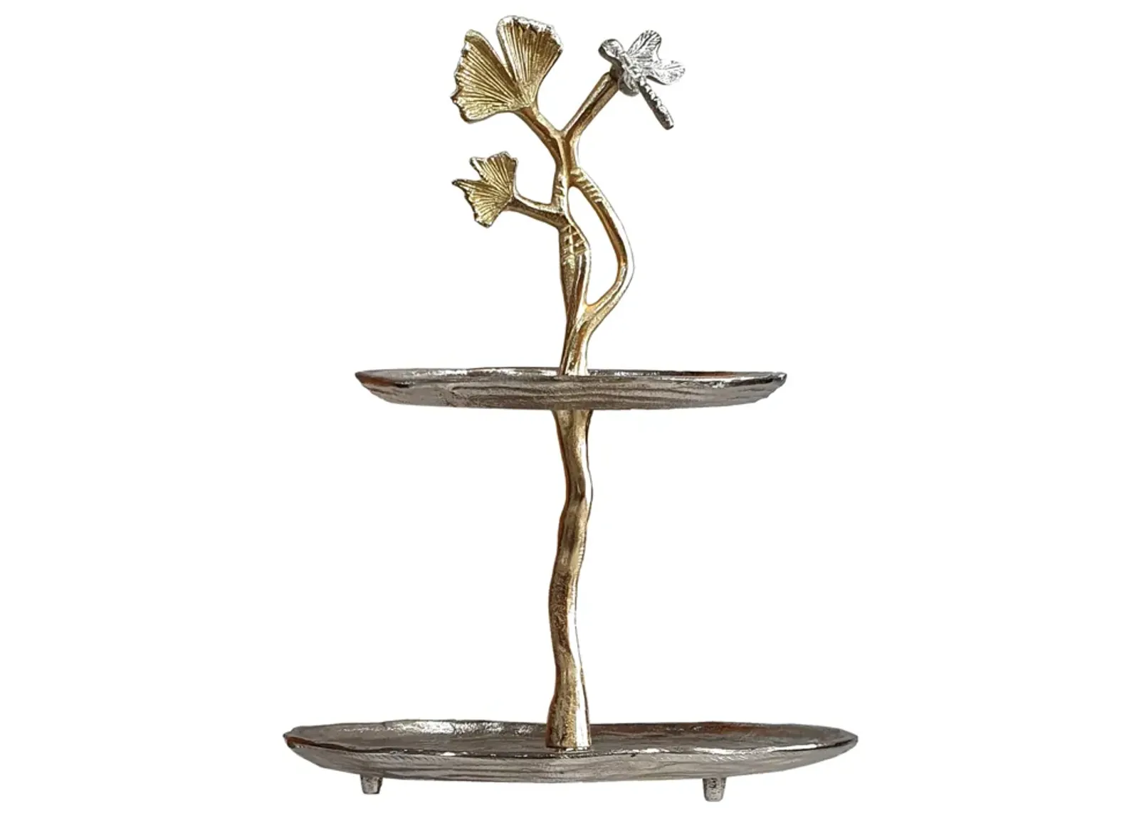 16 Inch Elegant Accent Table, 2 Tier Aluminum Cherry Blossom, Gold, Silver - Benzara