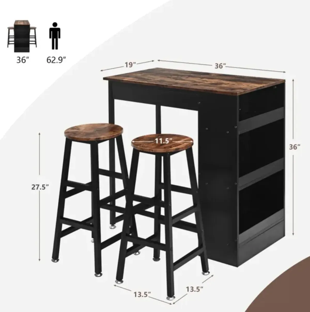 Hivvago 3 Pieces Bar Table Set with Storage