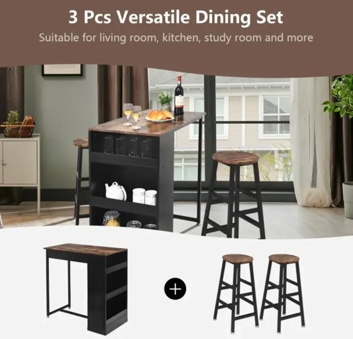 Hivvago 3 Pieces Bar Table Set with Storage