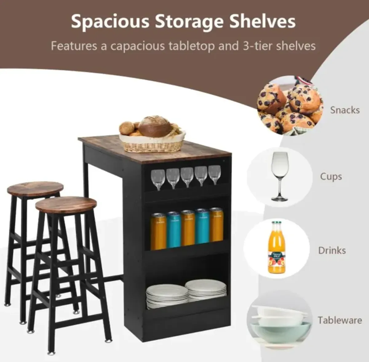 Hivvago 3 Pieces Bar Table Set with Storage