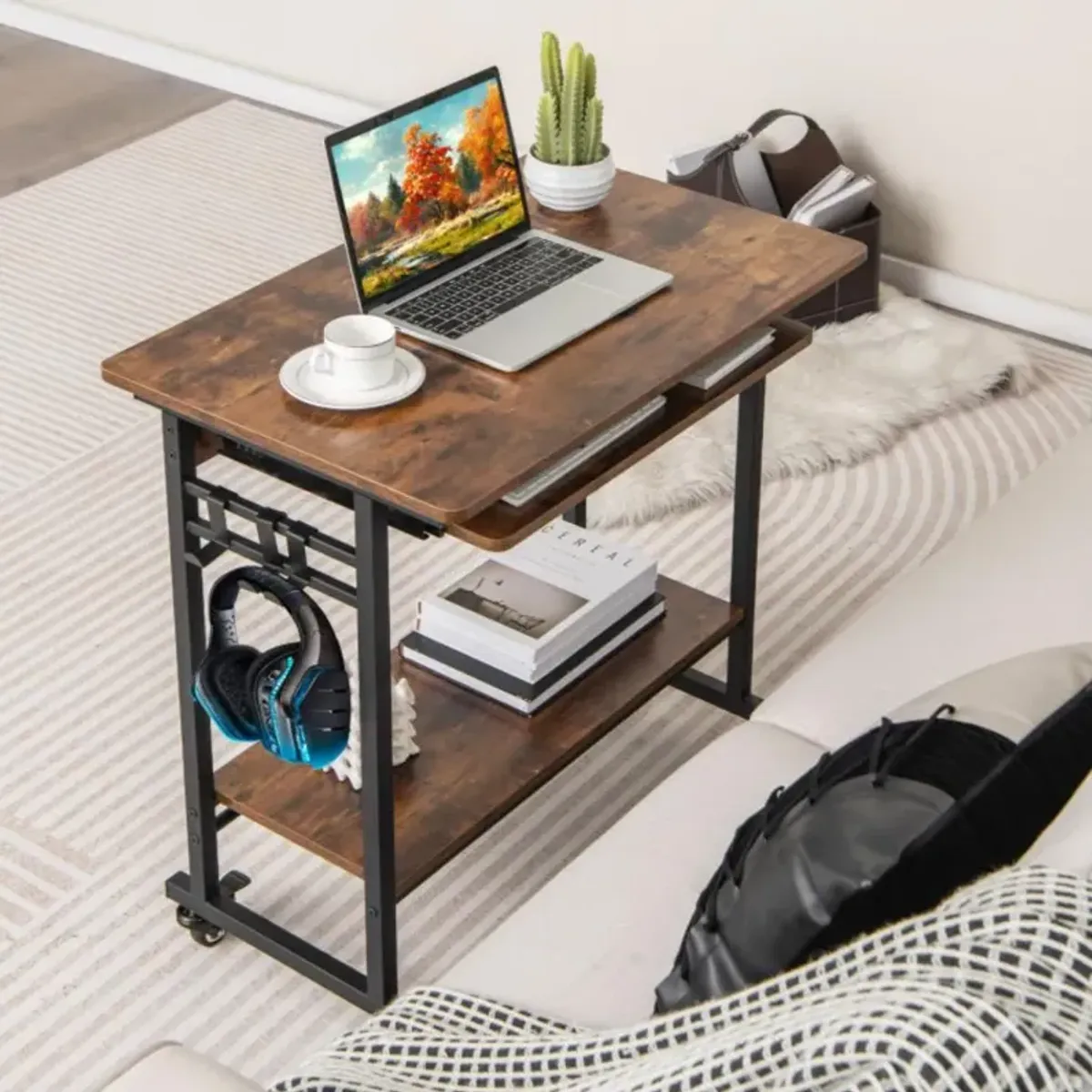 Rolling Laptop Table with Pull-out Keyboard Tray and Hooks-Rustic Brown