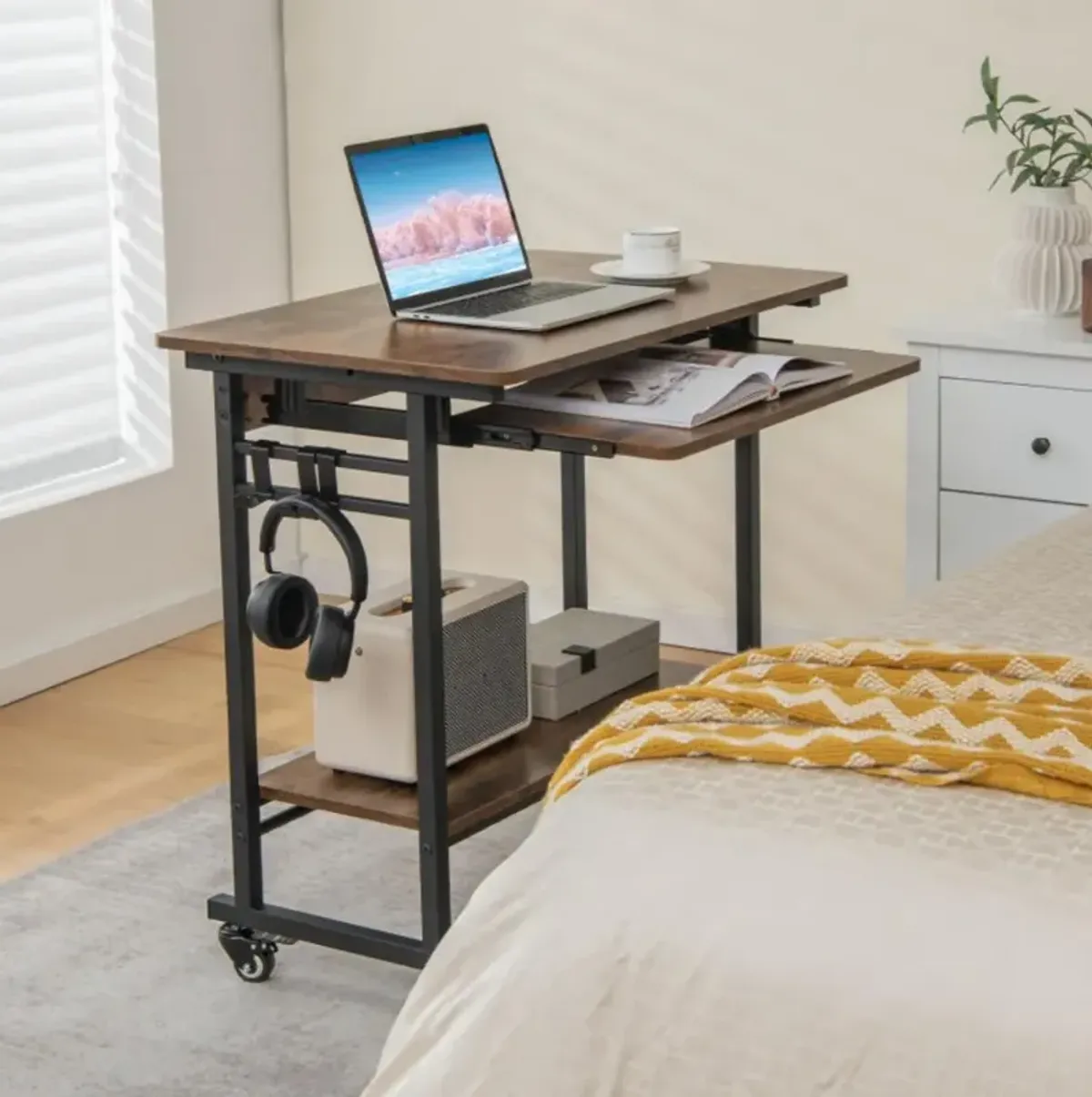 Rolling Laptop Table with Pull-out Keyboard Tray and Hooks-Rustic Brown