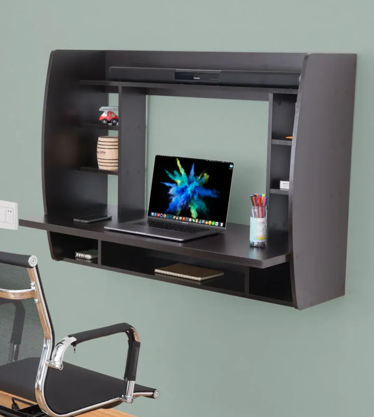 Wall Mount Laptop Office Desk with Shelves, Brown