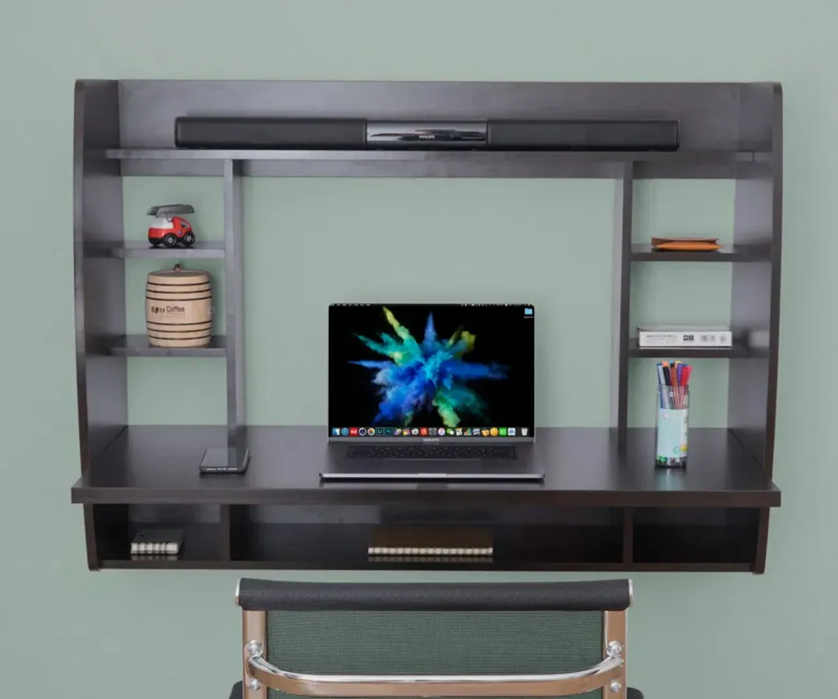 Wall Mount Laptop Office Desk with Shelves, Brown