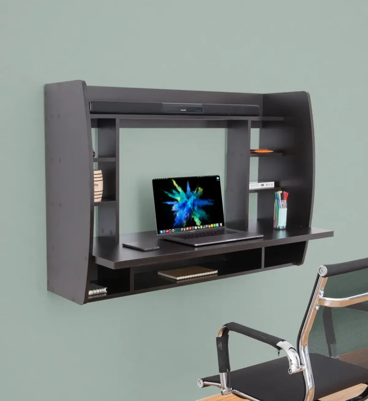 Wall Mount Laptop Office Desk with Shelves, Brown