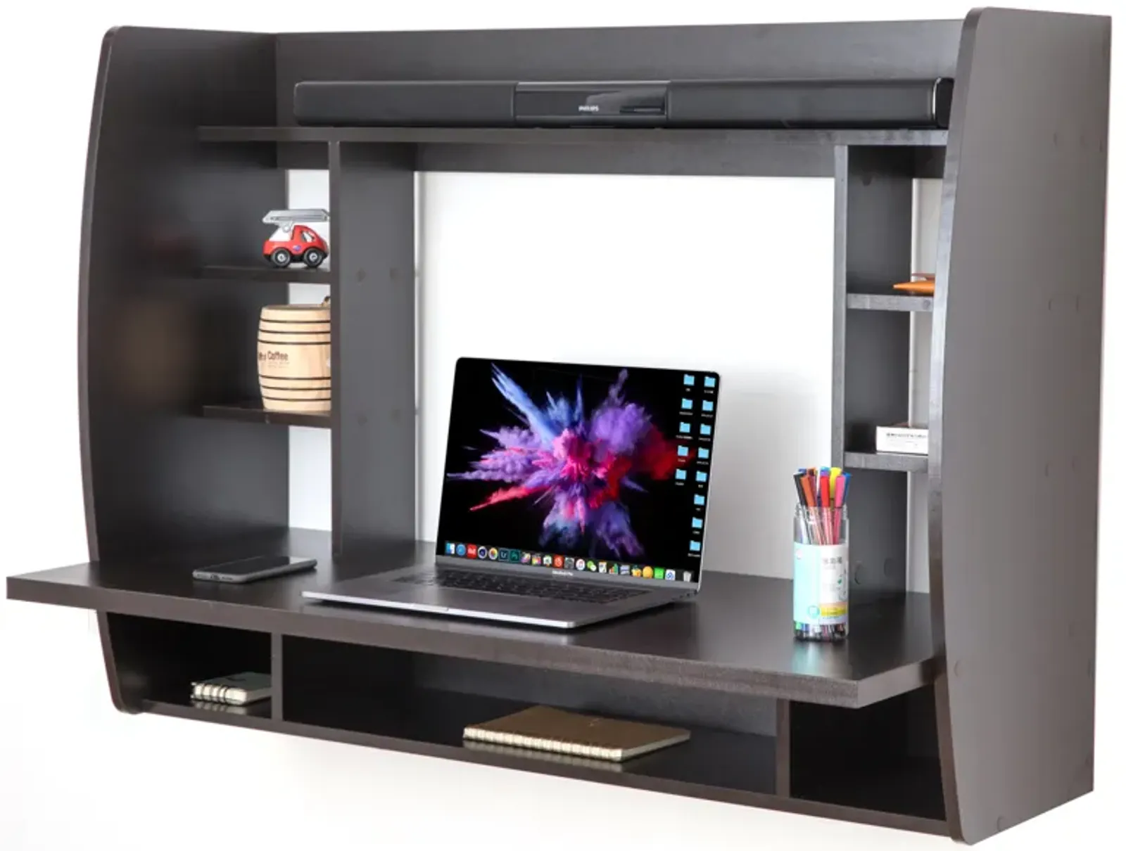 Wall Mount Laptop Office Desk with Shelves, Brown