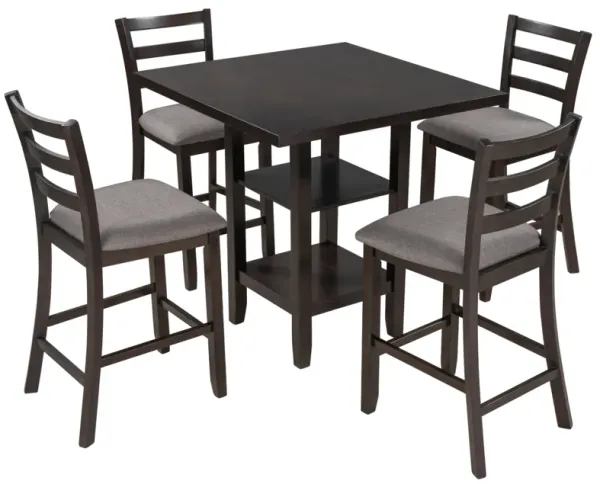 5-Piece Wooden Counter Height Dining Set with Padded Chairs and Storage Shelving