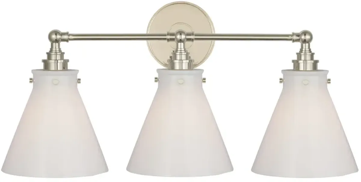 Parkington 32" Four Light Bath Bar in Polished Nickel with White Glass