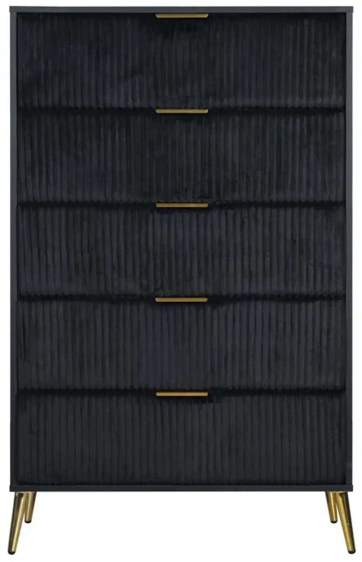 Benjara, Black, Gold Moko 51 Inch Tall Dresser, 5 Soft Upholstered Drawers