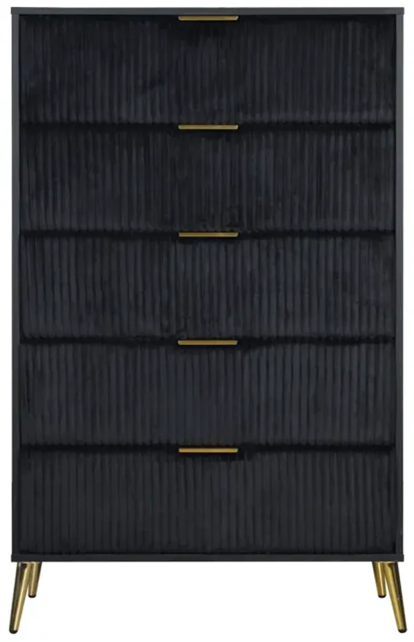 Moko 51 Inch Tall Dresser, 5 Soft Upholstered Drawers, Black, Gold