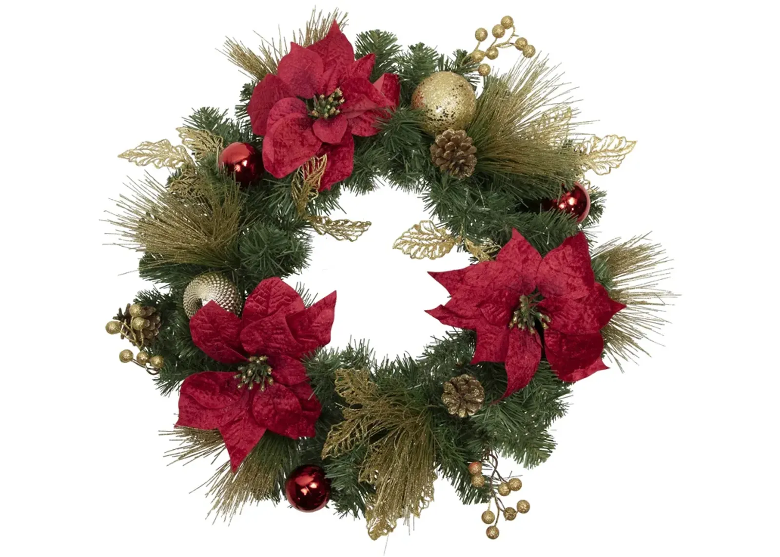 Poinsettias and Ball Ornaments Artificial Christmas Wreath - 24-Inch  Unlit