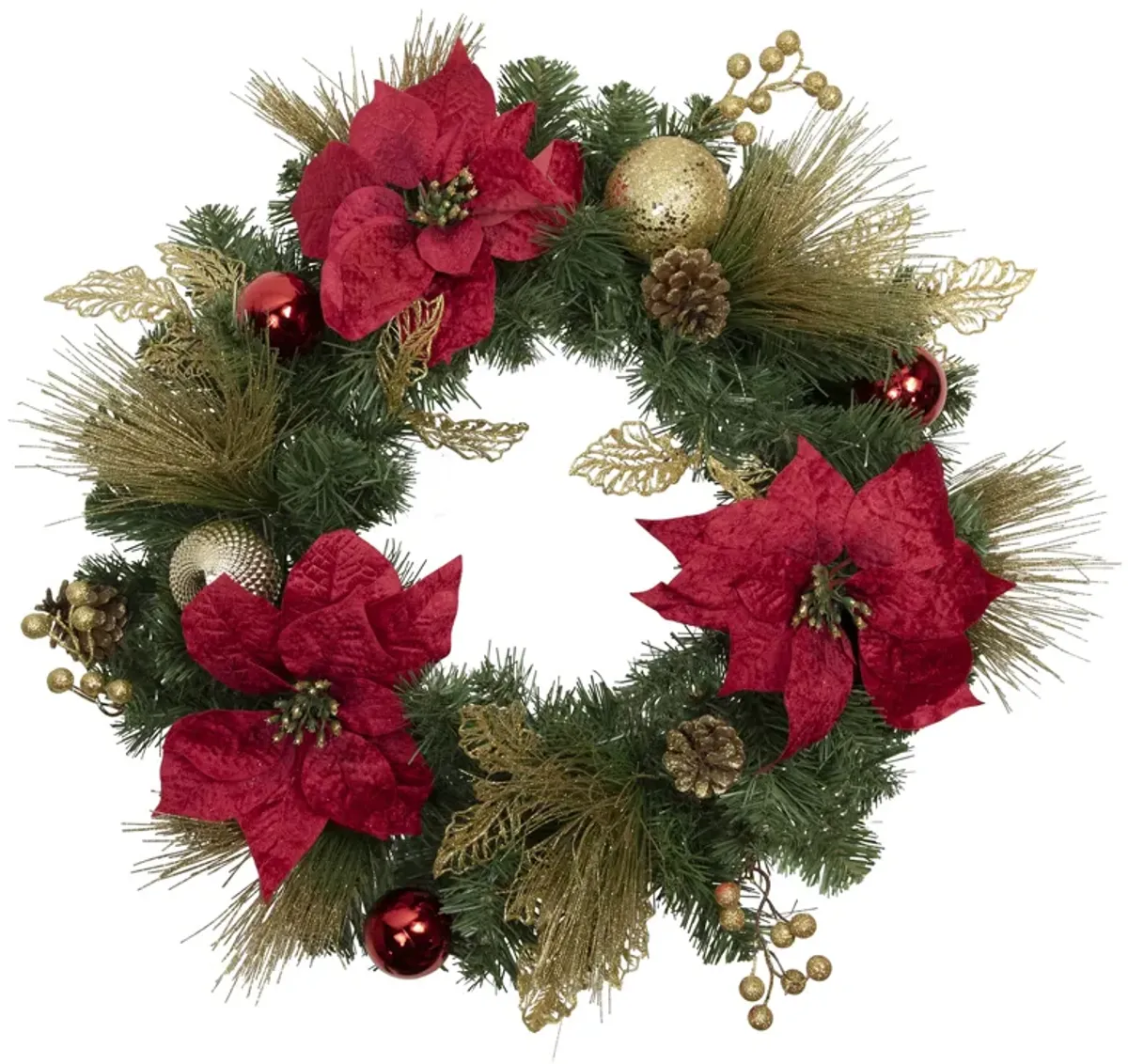 Poinsettias and Ball Ornaments Artificial Christmas Wreath - 24-Inch  Unlit