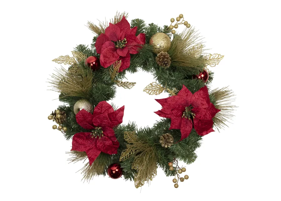 Poinsettias and Ball Ornaments Artificial Christmas Wreath - 24-Inch  Unlit