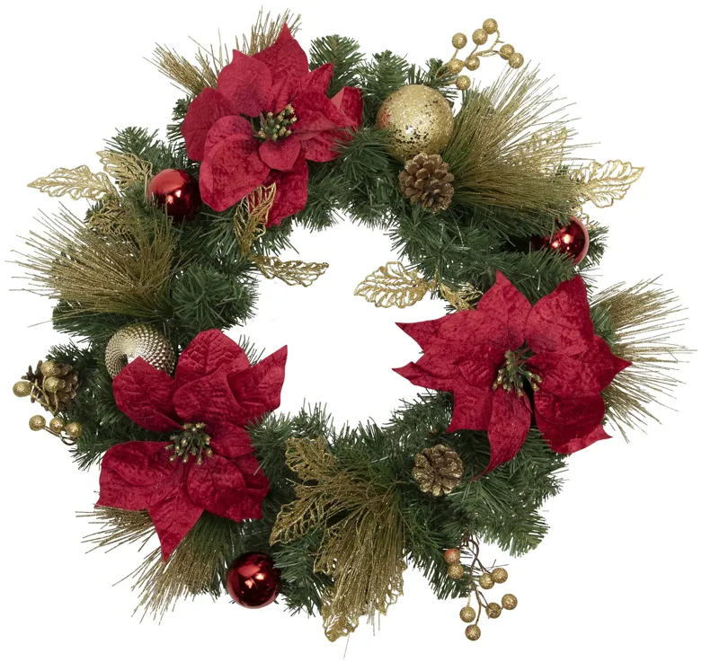 Poinsettias and Ball Ornaments Artificial Christmas Wreath - 24-Inch  Unlit