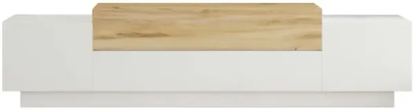 Belle 63 Inch Wooden TV Console Entertainment Media Center, 4 Drop Down Doors, White, Natural