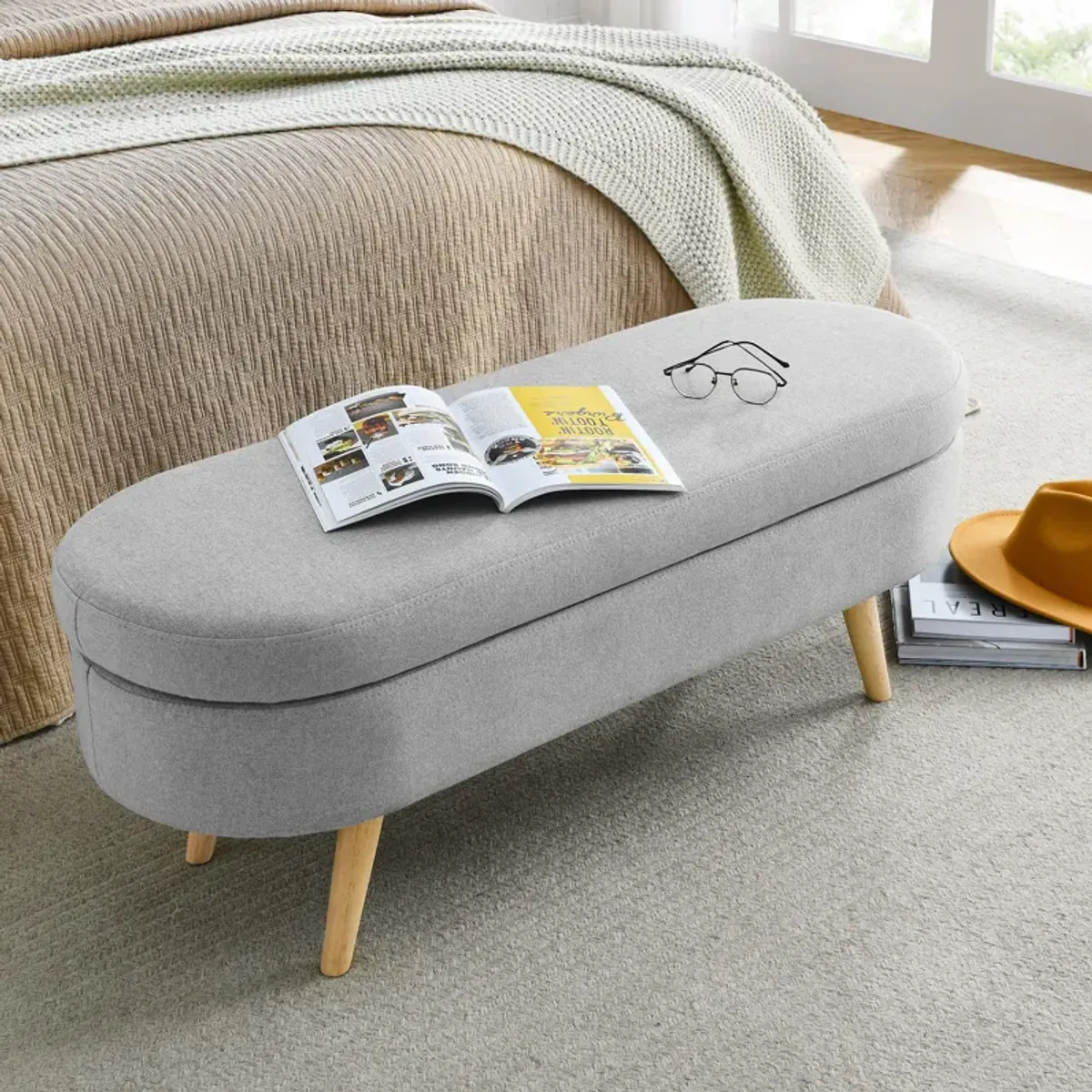 Ottoman Oval Storage Bench, Rubberwood Legs