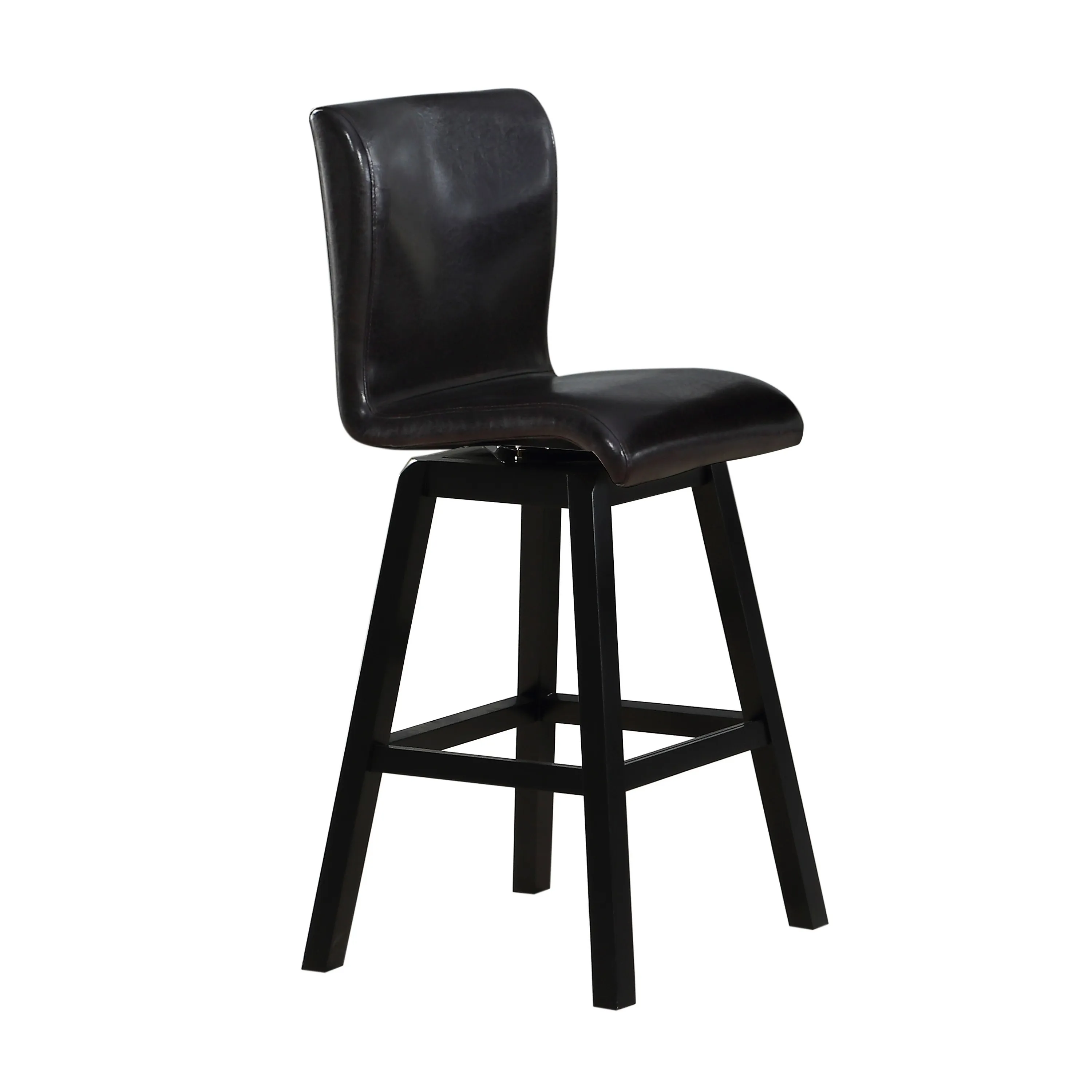 Elsa 32 Inch Swivel Bar Height Chair, Black Faux Leather, Wood, Set of 2 - Benzara