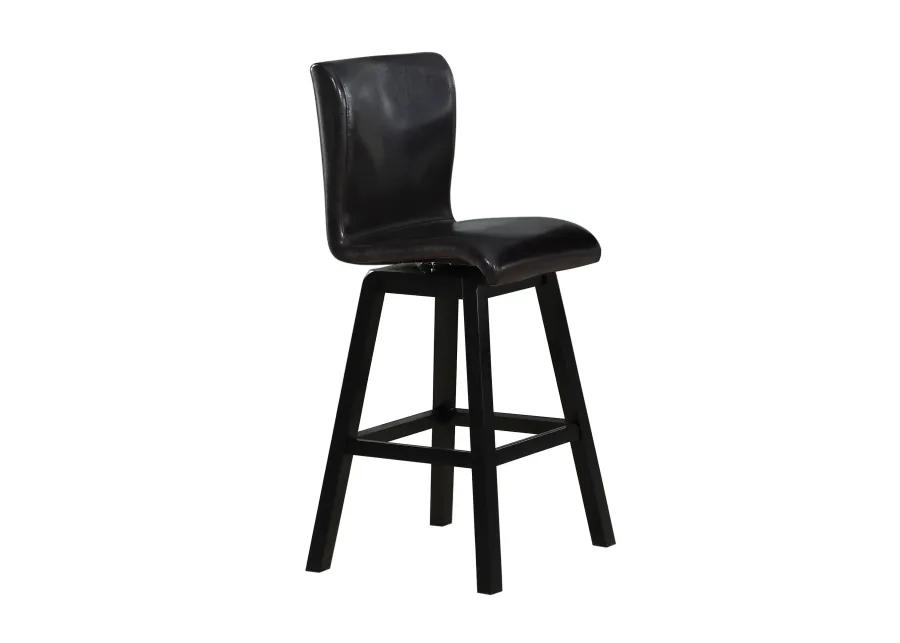 Elsa 32 Inch Swivel Bar Height Chair, Black Faux Leather, Wood, Set of 2 - Benzara