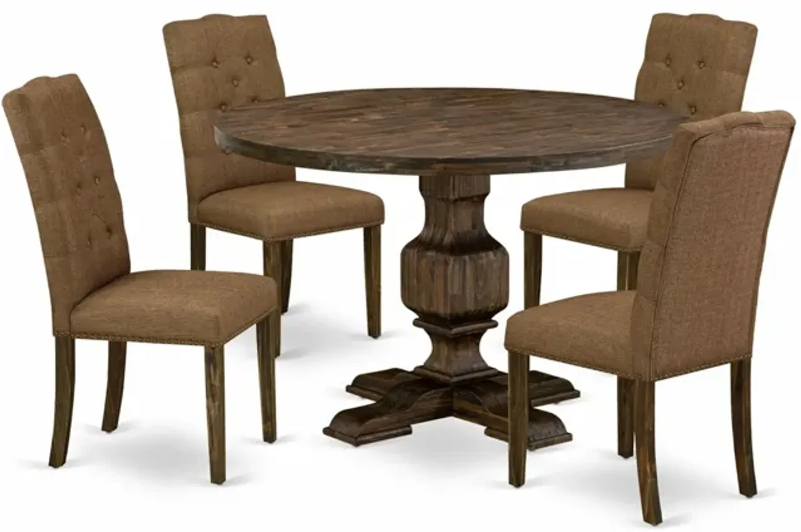 East West Furniture I3EL5-718 5Pc Dining Set - Round Table and 4 Parson Chairs - Distressed Jacobean Color