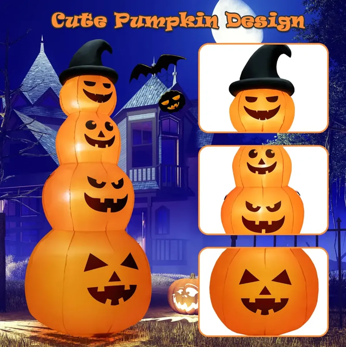 8 Feet Inflatable Halloween Pumpkins Stack with Built-in LED Lights